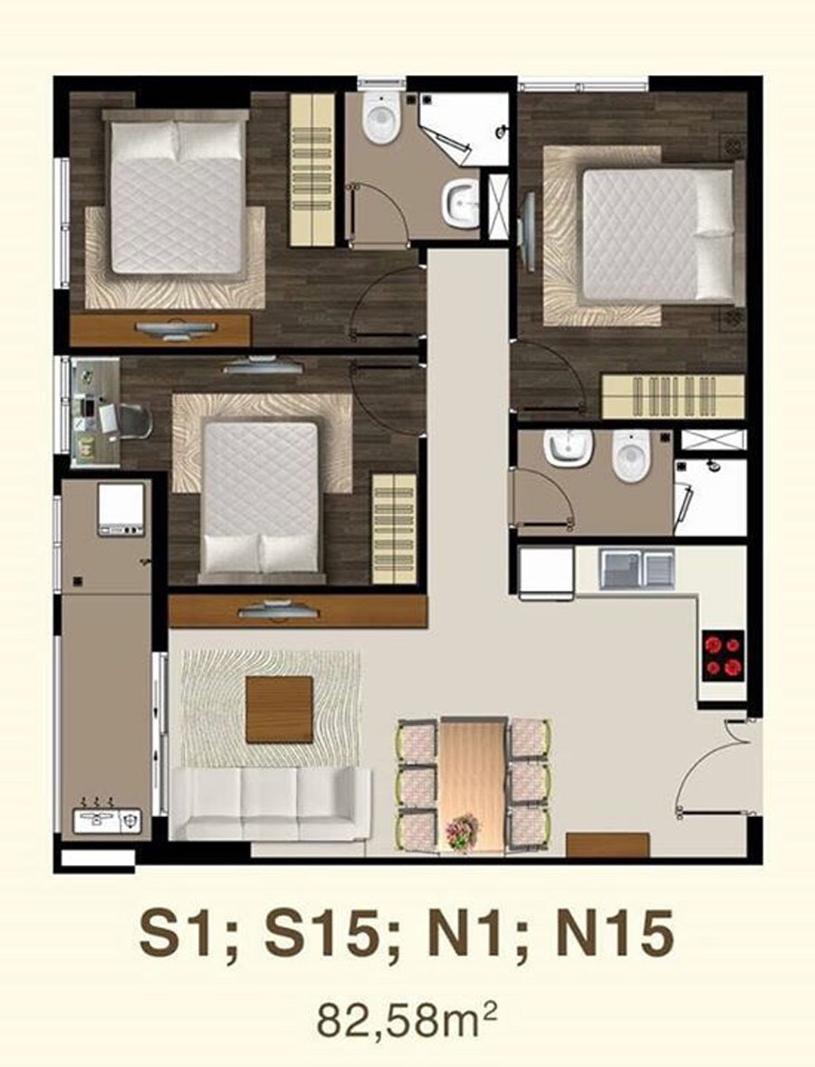 Thiết kế căn hộ 3 phòng ngủ Saigonmia
