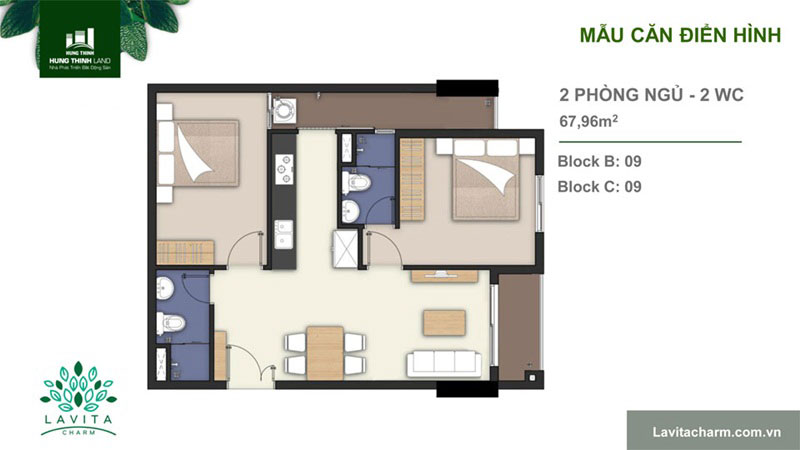 Căn hộ Lavita Charm thiết kế 2 phòng ngu