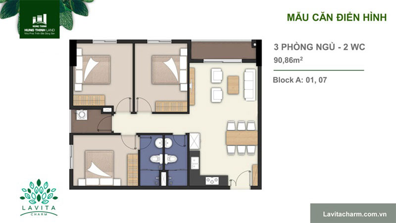 Căn hộ Lavita Charm thiết kế 3 phòng ngu