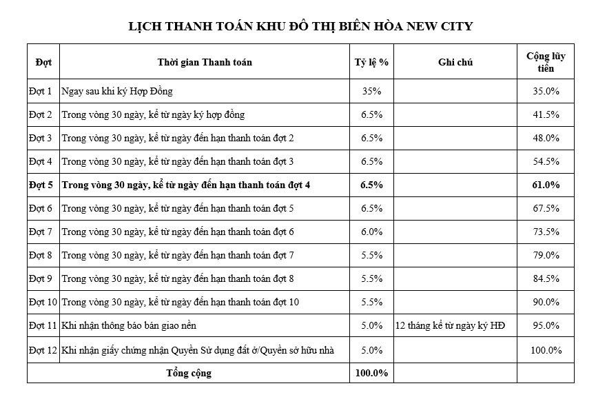 Tiến độ thanh toán Biên Hoà New City